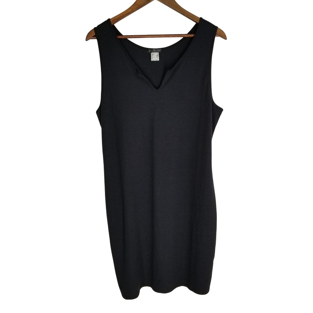 Venus Black Ribbed Knit Sleeveless Notched V-Neck‎ Tank Dress Womens 1X Comfy